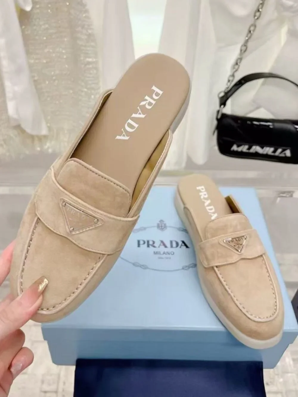 PRADA Beige Suede Triangle Logo Mule Slides